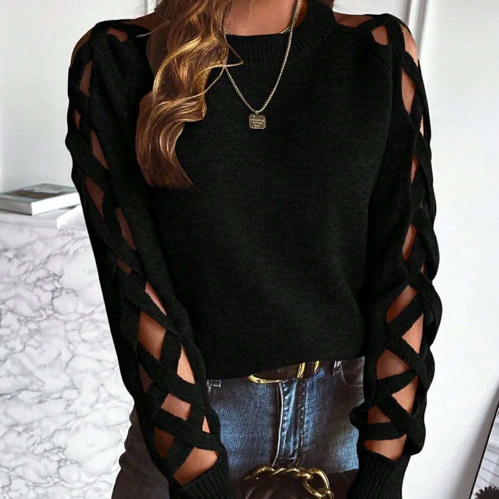 Black Casual Womens Cut Out Raglan Sleeve Crisscross Sweater